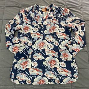 tory burch silk blue flower print popover blouse woman’s size 10
